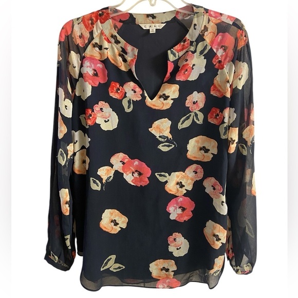 CAbi Tops - Cabi Black Blouse Poppy Floral Popover Navy Medium‎